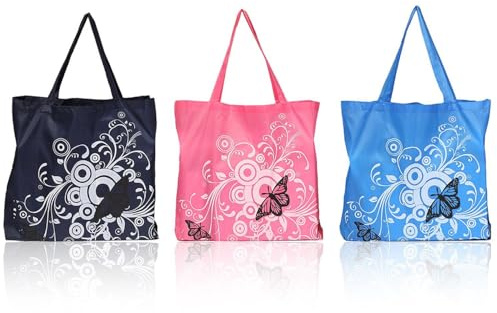 Bolsas de la compra de gran capacidad con impresión floral – Juego de 3 piezas plegables y ligeras de poliéster