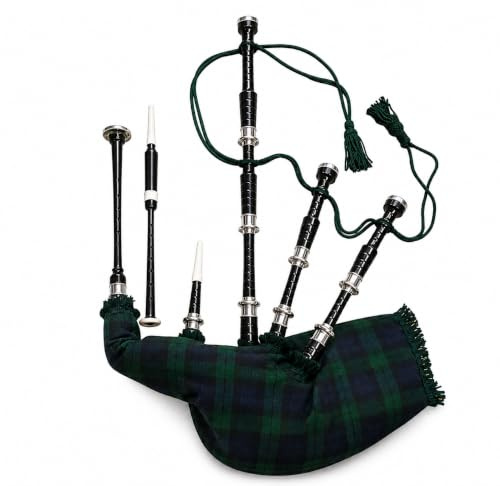 Traditional Scottish Bagpipe in Royal Stewart Tartan – Ideal for Beginners and Professionals (Blackwatch Black)