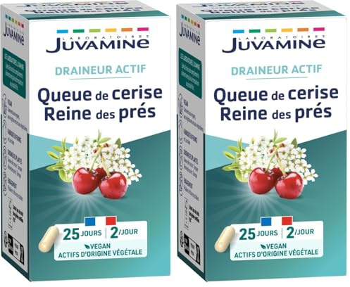 JUVAMINE - Draineur Actif - Queue de Cerise et Reine des Prés - Favorise l'Elimination Rénale de l'Eau - 50 gélules d'origine végétale - Programme de 25 Jours - Fabriqué en France (Lot de 2)