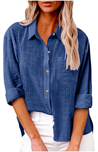 Generico Camicia Donna Manica Lunga Estiva Camicie in Lino Cotone Elegante Blusa con Bottoni e Tasca Lavoro Casual Top Camicetta da Spiaggia Tinta Unita Classico