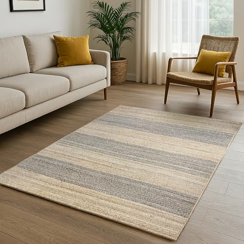 MY-RUG Jute Teppich 140x200 cm | handgewebter Juteteppich in Sisal Optik | flach gewebter Sisalteppich | hangefertigter Wohnzimmerteppich nachhaltig aus Jutefaser | Earth Weave gestreift grau