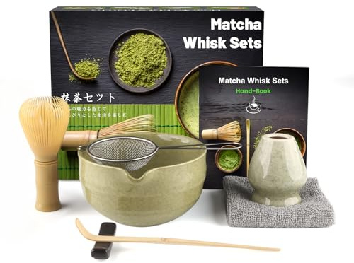 Anei 7 st matcha-set, matcha te för att göra frukost/latte, whiskset och skål med alla tillbehör, gåva till älskare, Blunt-nosed trådad grön skål, PP harts stirrer gul