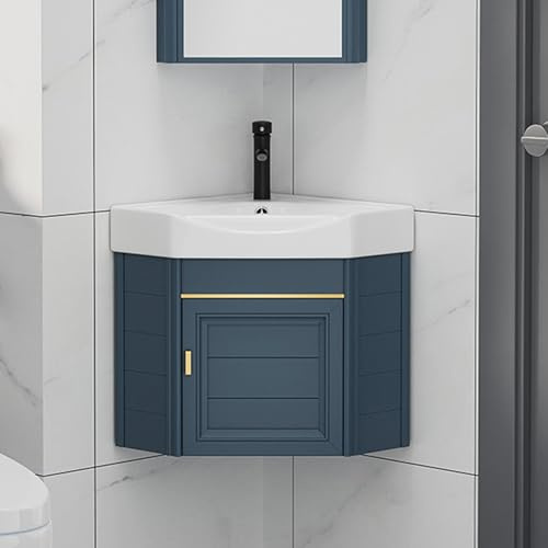 Mobile bagno ad angolo con lavabo e rubinetto, design salvaspazio per piccoli bagni