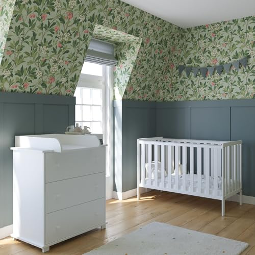 zee Bambi Set Cuna Bebe 120x60 cm 2 en 1 Blanca con Barrera de Seguridad Convertible en Cama Junior Incluye Comoda con Cambiador Muebles Habitacion Bebe
