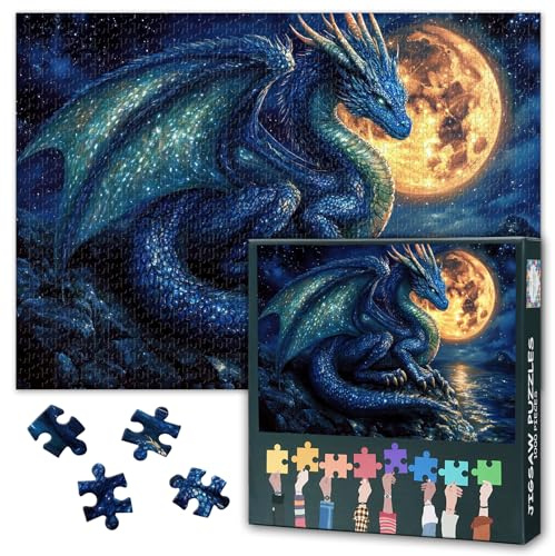 Puzzle 1000 pièces, Dragon bleu pour adultes, puzzle Dragon au clair de lune pour adultes 1000 pièces Puzzles sophistiqués Parfait pour les soirées de jeux Taille terminée 50 x 70 cm
