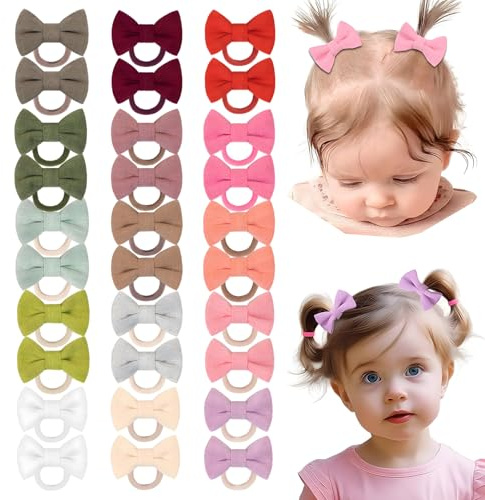 MOTIBACK Lot de 30 élastiques à cheveux mignons avec nœud en lin, élastiques et barrettes à cheveux pour bébés, tout-petits et filles