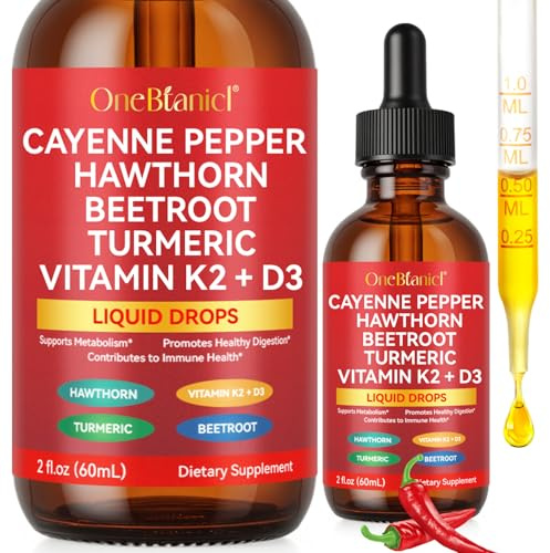 Cayenne Pepper Drops,Organic Cayenne Pepper Liquid,Cayenne Health Supplements,Vitamin K2 & D3,Turmeric Curcumin, Beet Root Powder, Vegan-Friendly, Easily Absorbed - 60ml