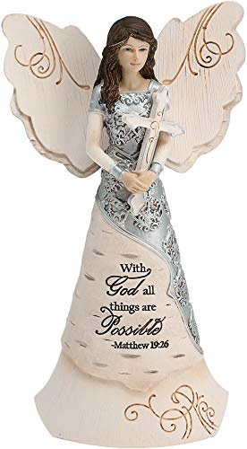 Pavilion - Elements Faith Angel Figurine - 6-1/2-Inch, Holding Cross, Inscription with God All Things are Possible