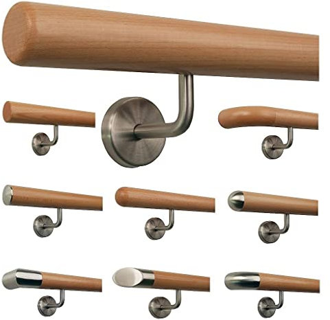 TIBU Buche Geländer Handlauf Treppe Holz Griff gew. Edelstahlhalter, Länge 30 - 500 cm aus einem Stück / Variante:160 cm mit 3 Halter Radius gefräst