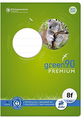 Staufen Grön skolhäfte – DIN A5, linjering 8f (5 x 7 mm rutad med kanten), 16 blad, 90 g/m² återvunnet papper, runda hörn förhindrar åsneöron, 3 olika motiv (inget val möjlig), 1 st