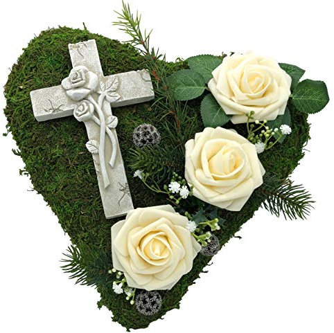 Grabgesteck Grabschmuck Grabaufleger Moosherz Grabherz Trauerherz Grab Herz Gesteck Rosen mit Kreuz (Rosen Creme)