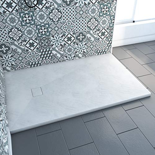 Duschkar av SMC Marwell Stone i vitt, halkfritt stenutseende – duschkar rektangulär 90 x 140 x 2,6 cm