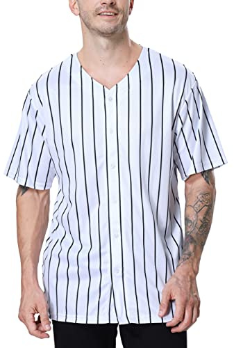 TopTie Sportkläder kritstreck basebolltröja för män och pojke, button down jersey, Vitsvart, S