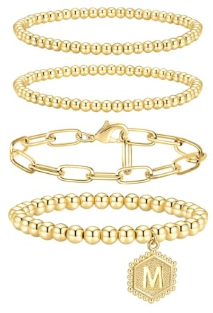 doubgood Gold Bracelets for Women, 14K Gold Plated Stackable Initial Beaded Bracelet with Letter Pendant M Waterproof Stretch Trendy Stack Jewelry Set Gifts for Women