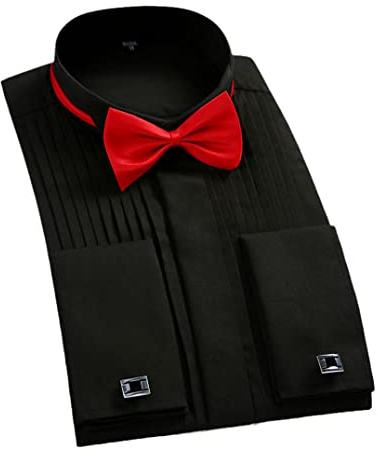 Chemise de smoking à col ailé à manches longues pour hommes, chemise de robe de mariée boutonnée à manchette française blanche et noire avec nœud papillon