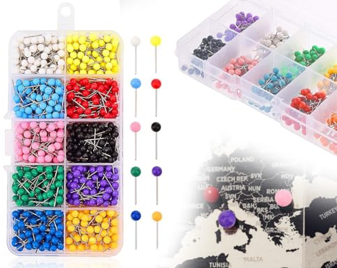 KAPSING 500 stycken kort nagelnålar, färgglada plasthuvudstift, knappnålar med förvaringslåda, runt huvud stift med stålprickar (10 färger)