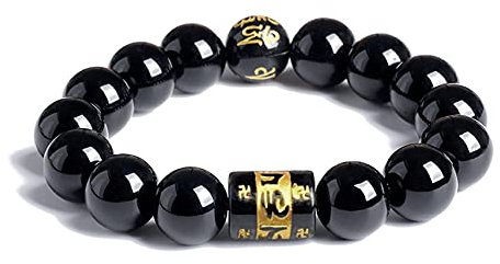 Feng Shui Armband, Feng Shui Svart Obsidian Armband, Sex Tecken Mantra Svart Armband Naturlig Svart Obsidian Bead Ward-Off Evil Spirits Talisman Prosperity,14mm