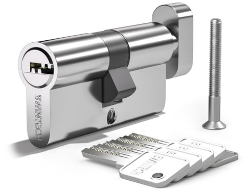 Bwintech 1 x 45/50 mm Euro Brass Cylinder, 95 mm Knob/Key Cylinder Lock with 5 Horizontal Brass Keys, Drill-Resistant, Shockproof, Chrome Finish