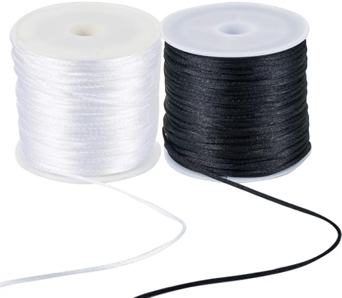 Craftdady 2 rullar svartvit nylon rotting satängsnöre 1 mm silkeslen trim pärlband flätade rep för kinesiska knutar smycken tillverkning gör-det-själv halsband armband hantverk