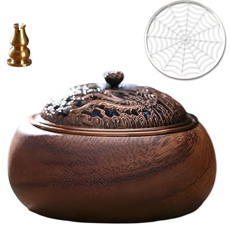 Qixuer Weihrauchbrenner, Rund Chinesisch Holzigkeit Räucherkerzen Halter mit und Metall Deckel für Dekoration, Meditation, Yoga & Spirituelle Deko