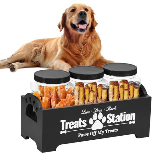 JEJUWE Dog Treat Container Wooden Dog Food Storage Container with 3 Plastic Jars Air Tight Reusable Cute Pet Biscuit Container for Dog and Cat (Black)