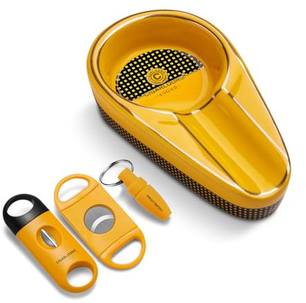 CIGARLOONG Set posacenere e decespugliatore per sigari in ceramica con tagliacenere a V, taglierina per guillotina e punto sigaro Un set di accessori per sigari, regalo per uomini (giallo)