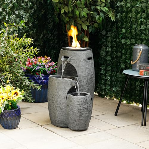 Alpine Corporation WTO120 Outdoor Cascading Look 3 Tiered Fire and Water Fountain with Adjustable Flame and LED Lights, 27 Tall, Gray