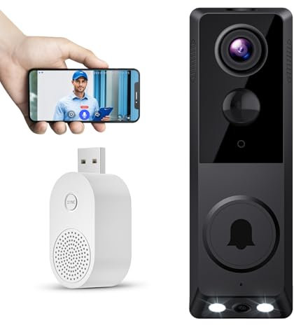 Sonnette sans Fil avec Camera WiFi 2.4G, Visiophone Sonnette sans Fil Exterieur Etanche 120° Vision, avec Vision Nocturne, détection de Personnes PIR, 2 caméras, Audio bidirectionnel