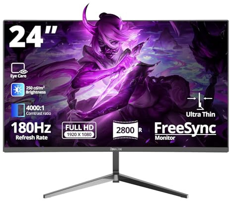 24 Zoll Curved Gaming Monitor mit 180Hz, FHD 1080p, 1ms Reaktionszeit, FreeSync, 100% sRGB, Ultra-Dünner Rahmen, 178° Blickwinkel, HDMI/DP Port, VESA 75x75mm, Perfekter Monitor für Gamer und Profis