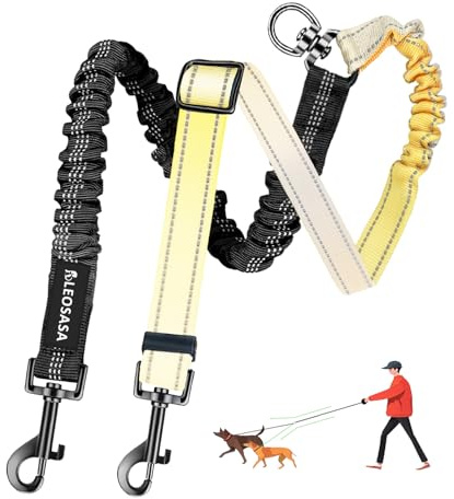 LEOSASA Double Dog Leash for Two Dogs - Gradient Color No Tangle Swivel Dog Coupler with Heavy Duty Clip, Size Adjustable Bungee Leash Attachment for Small, Medium, Large 2 Dogs, Style 3