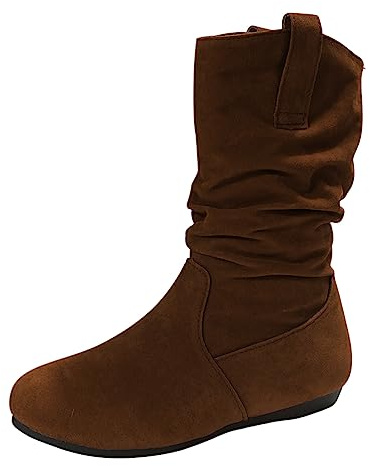 Bottines tendance pour femme - Couleur unie - Bout rond - Fond plat - Manches mi-hautes, café, 37 EU