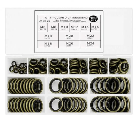 160 bitar Oljtappspakning Set, Hydrauliska tätningsringar med gummiläpp, Tätningsringar Set, Oljtappspakning Ring, O-ring Sortiment, Packningar för rörförbindningar servostyrning