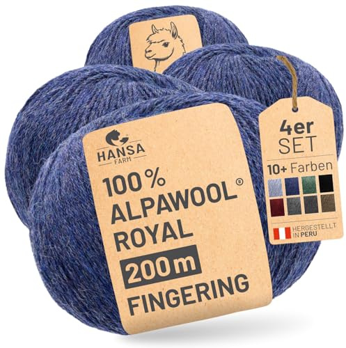 HANSA-FARM |Alpawool 100% Royal Alpaka 200g Set (4 x 50g) edel und absolut kratzfreie Wolle zum Stricken & Häkeln - HF236 Dunkelblau Melange