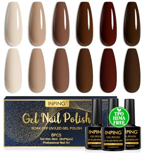 INPING Vernis Semi Permanent Sans HEMA TPO-FREE, 6 Couleurs Beige Nude Marron Foncé Marron Gel UV Semi Permanent, Soak Off UV/LED Vernis à Ongles Pour Débutant Nail Art DIY, 8ML