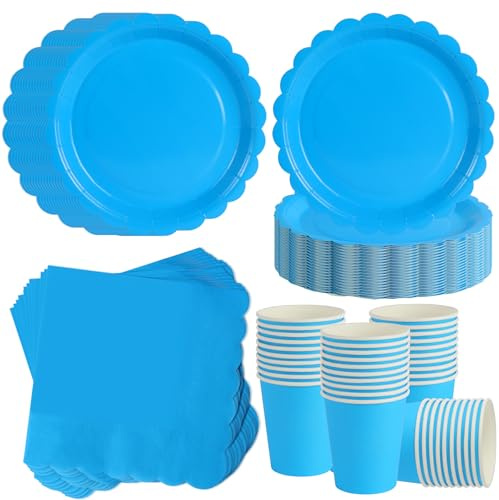 ZblPyro Set Stoviglie per Feste Azzurro (40 Ospiti), con 40 Piatto di carta ondulato 18cm, Bicchieri di carta, Tovaglioli, Per Feste Scuola e Estate