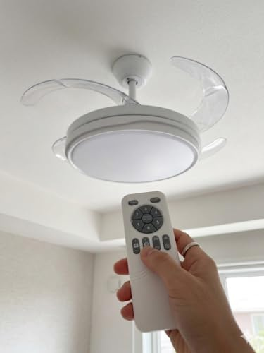 Genérico Ventilador de Techo con Luz LED Regulable, 4 Aspas Transparentes, Motor DC Silencioso, 6 Velocidades, Función Inversa Verano/Invierno, 60W, con Mando a Distancia
