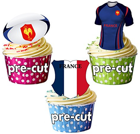 AK Giftshop France Rugby Team Shirt, Ball and Flag Mix, Cake Decorations - Edible Stand-up Cupcake Toppers (pack of 12)