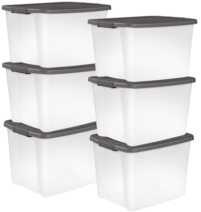 Sterilite 6-Pack ShelfTote, Clear Plastic Storage Bins with Lids, 50 Quart, Gray - Stackable Organizing Container Boxes for Closet, Bathroom, and Office