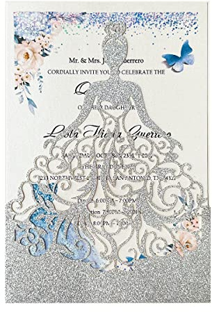 20 tarjetas de invitación plateadas cortadas con láser y Princess Dream para cumpleaños, quinceañera, bodas, bodas y compromisos de compromiso (brillo plateado)