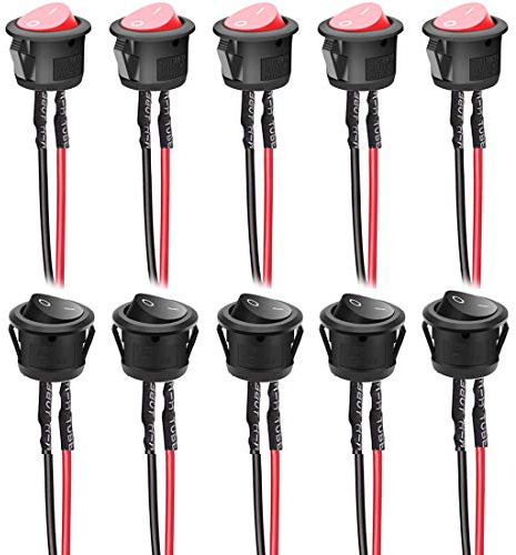 Gebildet 10 st AC 6 A/250 V 10 A/125 V SPST 2 stift 2 positioner bil båt rund vippströmbrytare på/av vippströmbrytare med förlödda trådar (röd + svart)