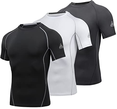AMZSPORT Maglietta a Compressione da Uomo, a Maniche Corte, Funzionale, Cool Dry, per Allenamento e Corsa, Confezione da 3: Nero + Bianco + Grigio, L