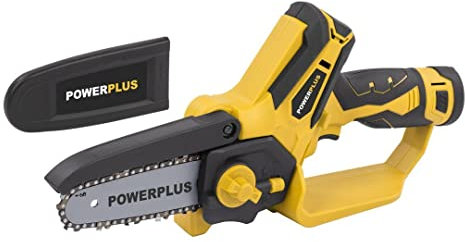 Powerplus POWXG1045-12V - Motosierra con batería de 12 V y cargador, pequeña sierra eléctrica con espada de 100 mm para operación con una sola mano, herramientas de jardín para fácil jardinería