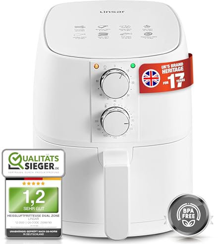 Linsar - Freidora de aire caliente 4L - Airfryer con temporizador y función de mantenimiento del calor - Temperatura seleccionable - Más ahorro de energía y más rápida que los hornos - 1400 W (blanco)