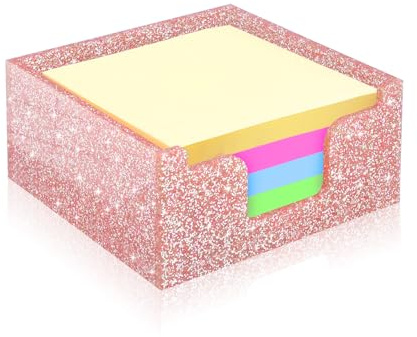 Rouidr Acrylic Sticky Note Holder, Self Stick Note Pad Holder, 3.94 x 3.94 Inch Glitter Memo Pad Dispenser Organizer for School Office Home Desk Supplies, Rose Gold