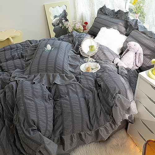GETIYA Romantic Seersucker Bed Linen 135 x 200 cm 4-Piece Ruffle Bed Linen Grey Dark Grey Exquisite Seersucker Duvet Cover Girls Women Soft Microfibre Duvet Cover with 2 Pillowcases 80 x 80 cm
