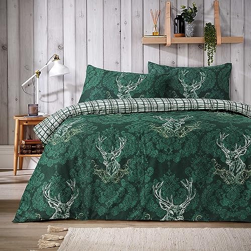 Olivia Rocco Stag Duvet Cover Set Cosy Highland Cotton Rich Quilt Covers Reversible Check Premium Bedding Bed Linen Sets, Double Emerald Green