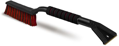 ToM PaR Borste och skrapa | 2-i-1 snöborste och isskrapa | Ergonomisk | Varmt Soft Touch-handtag | Skrapar inte bilrutor | Mässingskrapa | Kallbeständig plast | Längd: 65 cm | Röd
