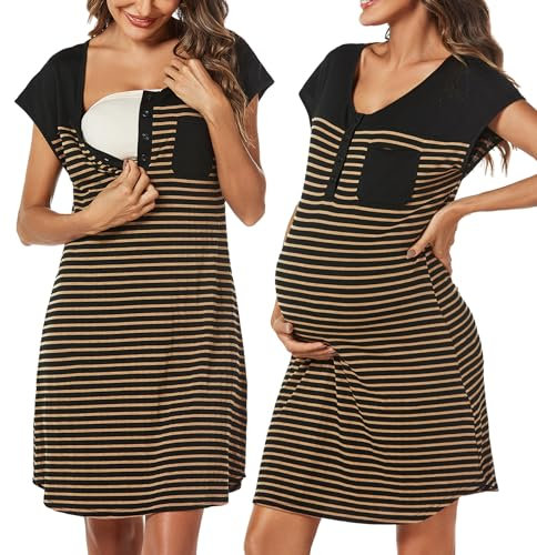 Uniexcosm Stillnachthemd Damen Kurzarm Baumwolle Streifen Umstandsnachthemd V Ausschnitt Mutterschaft Nachthemd mit Knopfleiste Umstandskleid für Schwangere oder Stillende Frauen Braun M