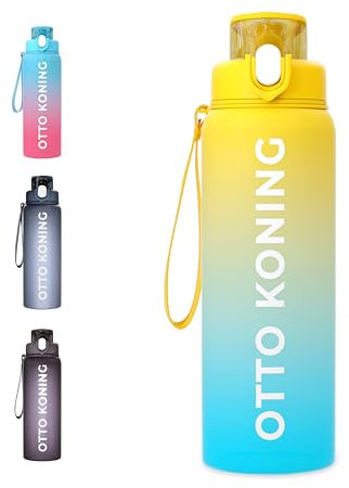 Otto Koning Gourde Sport 1L - Bouteille Eau Sans BPA, Gourde Adulte Femme Homme, Plastique Haute Qualité, Hermétique, Grande Bouteille Randonnée, Ouverture Bouton, Courroie, Nettoyage Facile
