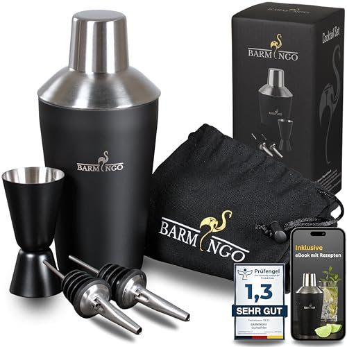 BARMINGO Cocktail Shaker Set [1,3 - SEHR GUT] - 500ml Edelstahl Cocktailshaker mit Bar Zubehör, Cocktail Set | Bar Set | Barkeeper Set | Cocktail Mix Set | Bar Geschenkset | Schwarz-Silber